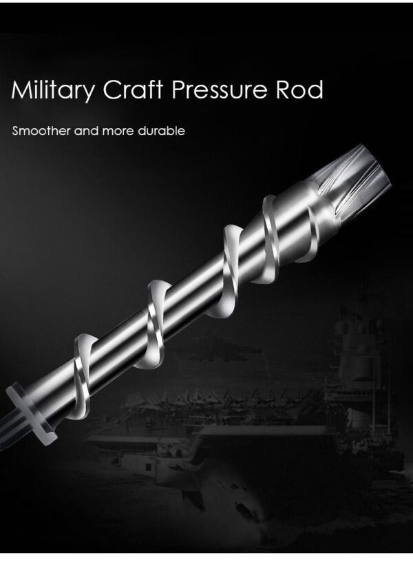 Silver metal pressure rod with screw thread.