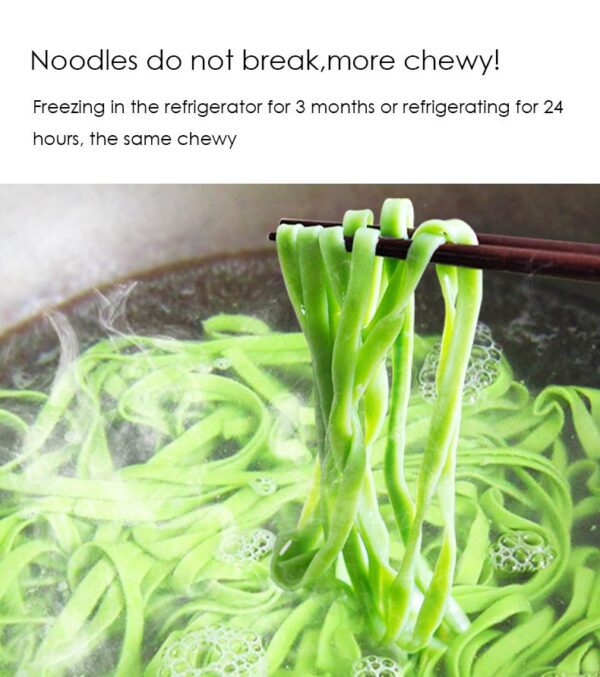 Chewy green noodles cooking in water.