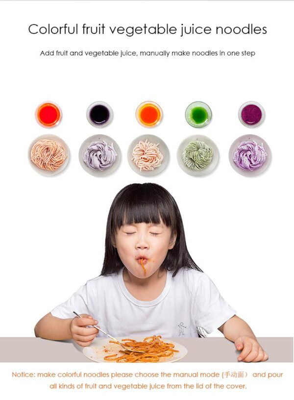 Girl enjoying colorful fruit juice noodles.