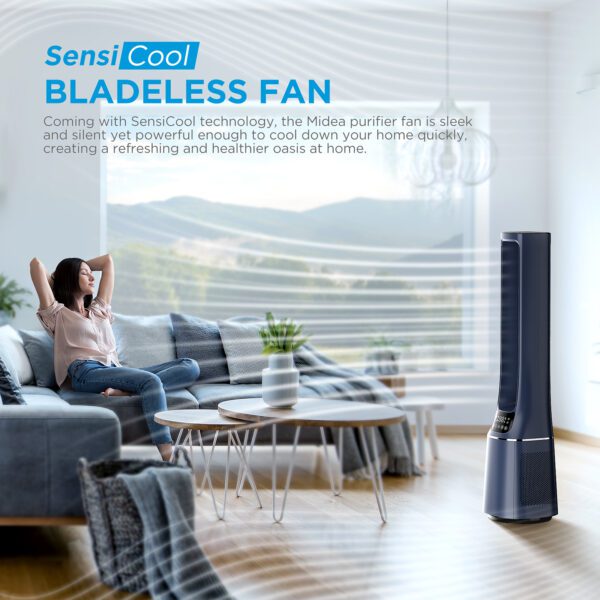 Woman relaxing with a bladeless fan.