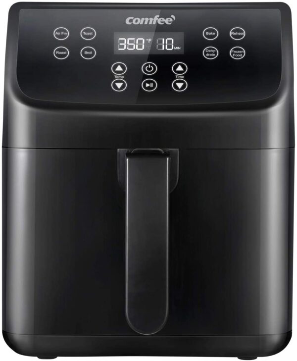 Black Comfee air fryer with digital controls.