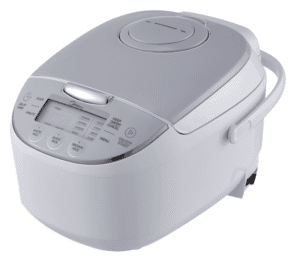 White electric rice cooker with handle.
