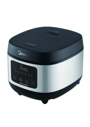 Black and silver Midea rice cooker.