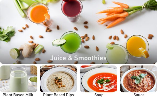 Various juices, smoothies, dips & sauces.