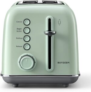 Mint green toaster with multiple functions.