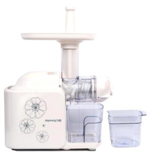 White electric juicer with floral design.