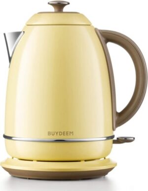 Yellow electric kettle with brown handle.
