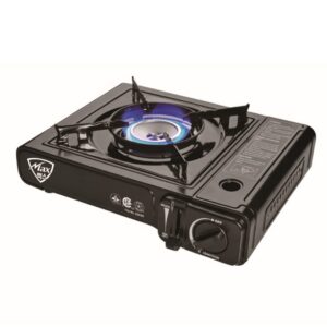 A black stove with blue flame on top of it.
