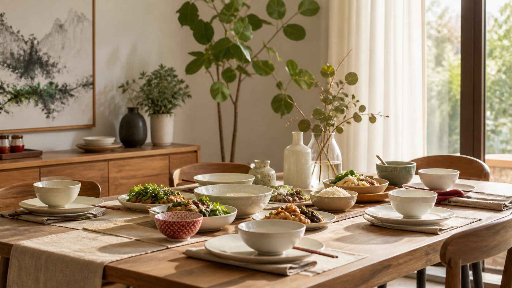 Dining room table with dinnerware