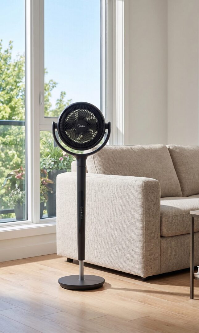 Midea FG18 pedestal air circulator in a living room