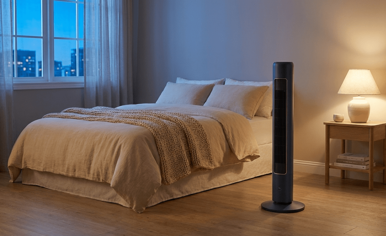 Midea FZ10 tower fan in a warm evening bedroom scene