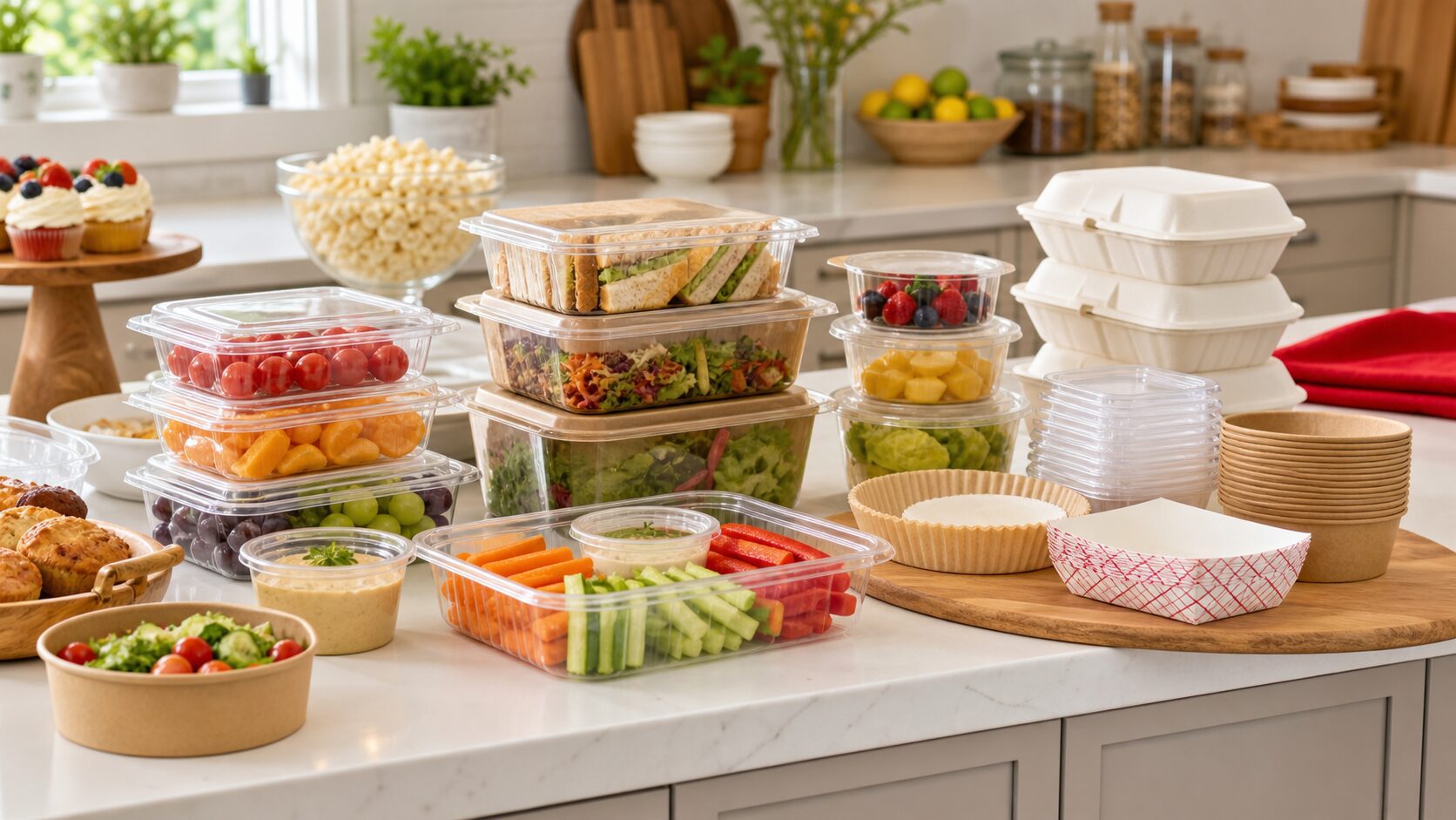 Party food prep with takeout containers
