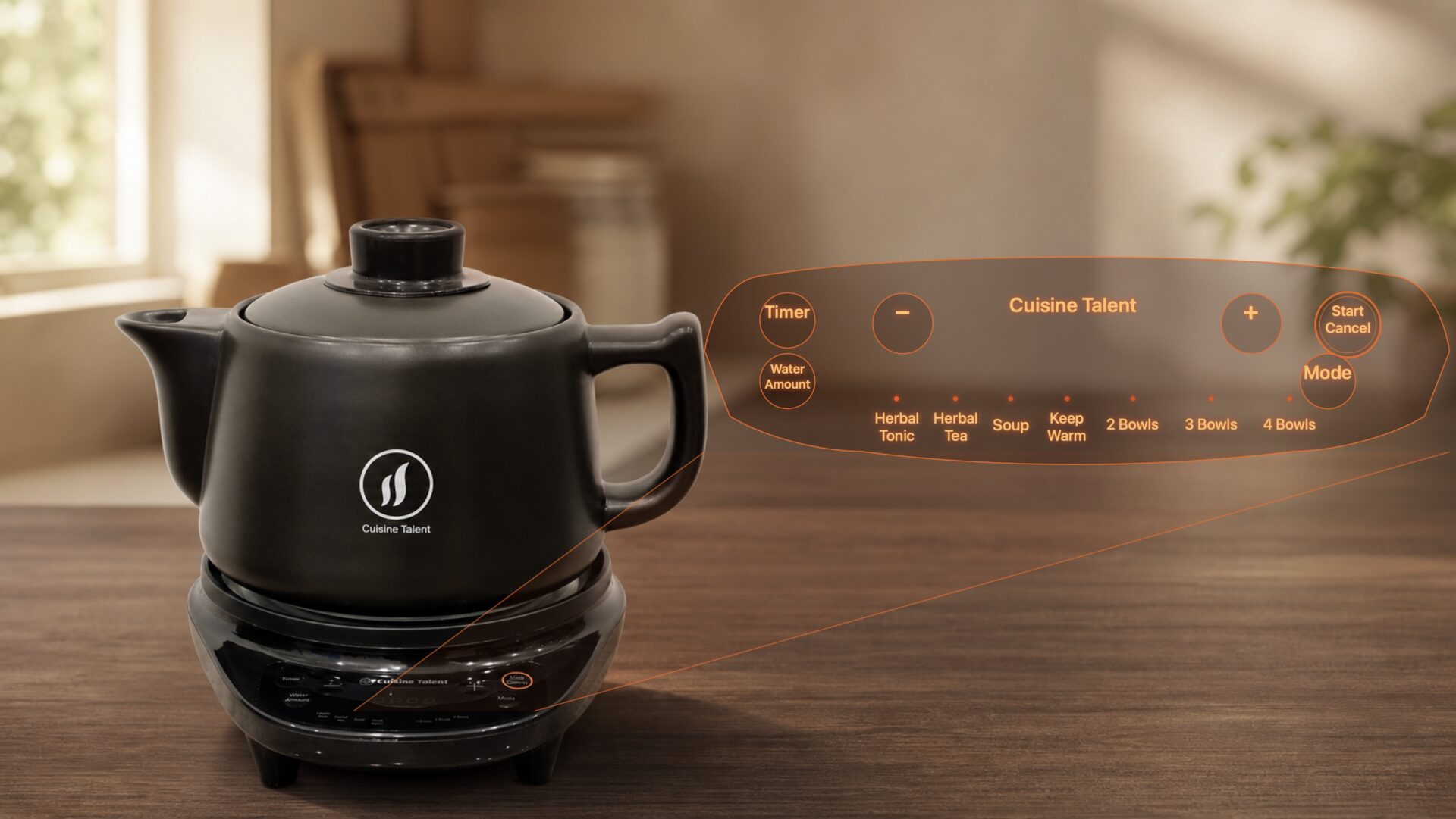 Cuisine Talent 實物茶壺與電熱底座，控制面板以右上光影投射清晰展示 Timer、Water Amount、Start/Cancel、Mode、草本燉煮、草本茶、煲湯、保溫及 2 / 3 / 4 Bowls | Cuisine Talent pot and electric base with an enlarged projected control layout
