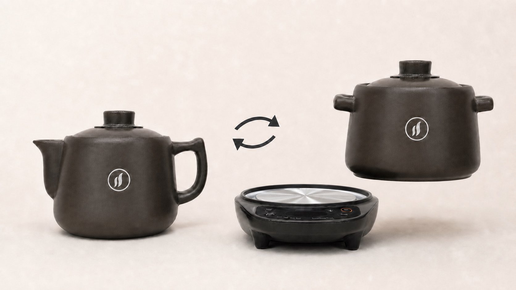 單耳茶壺與雙耳湯鍋可互換使用同一 Cuisine Talent 銀色加熱盤底座 | Two pots switch between one electric base with a silver heating plate