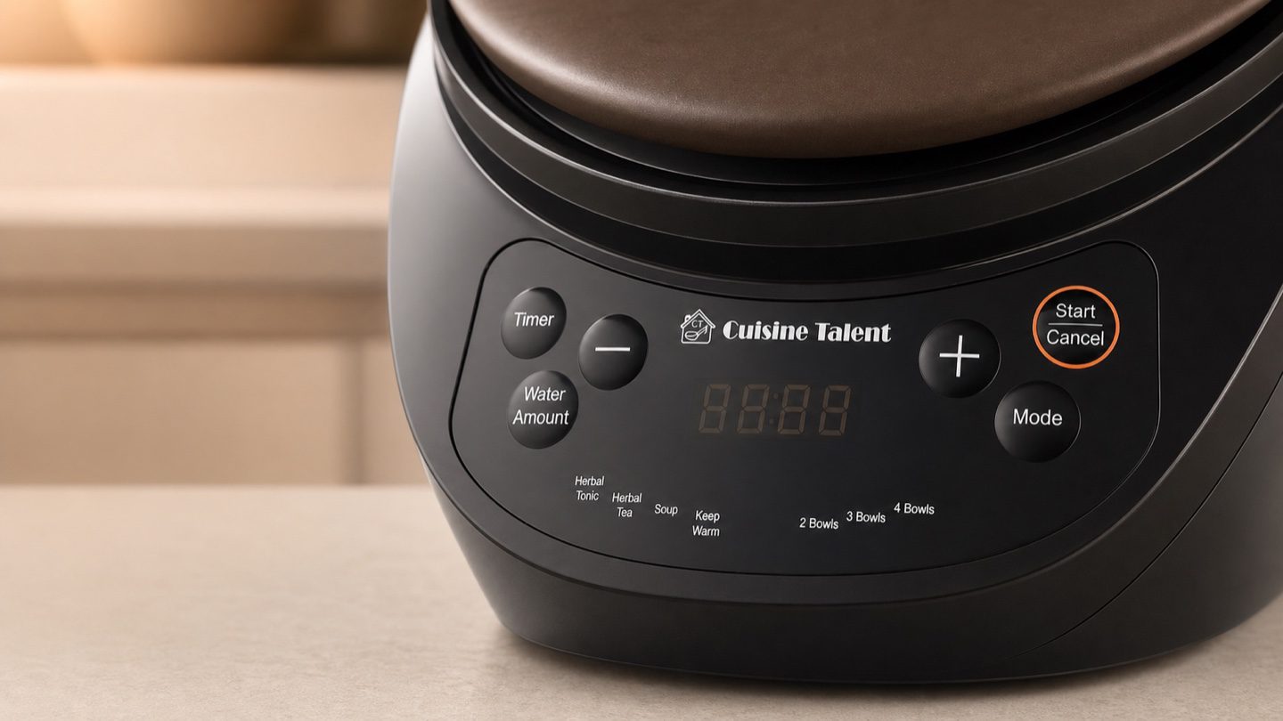 Cuisine Talent DG30Z-GD3005U 控制面板，設有 Herbal Tonic、Herbal Tea、Soup、Keep Warm、Timer 及 Water Amount | Multi-function control panel
