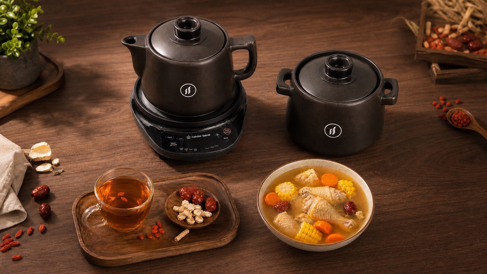 Cuisine Talent 單耳茶壺配茶飲及雙耳湯鍋配湯，同一電熱底座互換使用 | Dedicated tea and soup vessels on one interchangeable electric base
