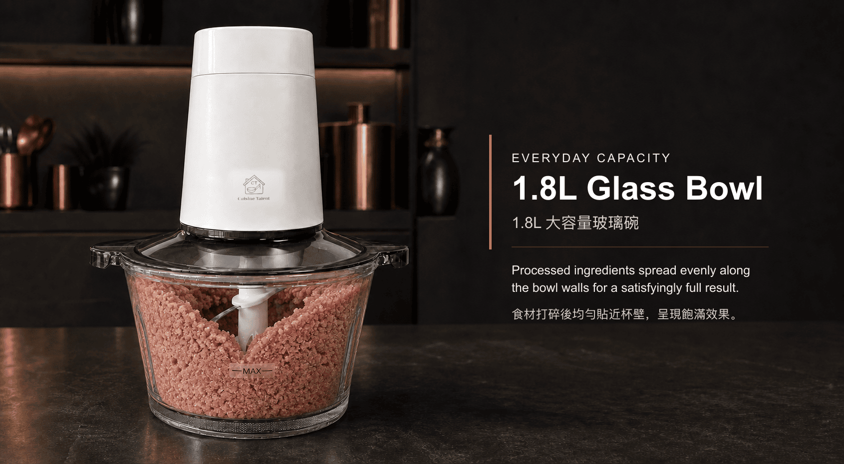 Cuisine Talent 1.8 litre glass bowl with processed meat spread around the bowl walls