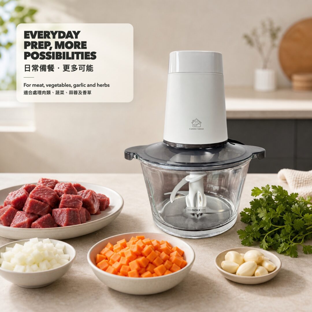 Cuisine Talent food chopper shown with meat, vegetables, garlic and herbs ready for prep