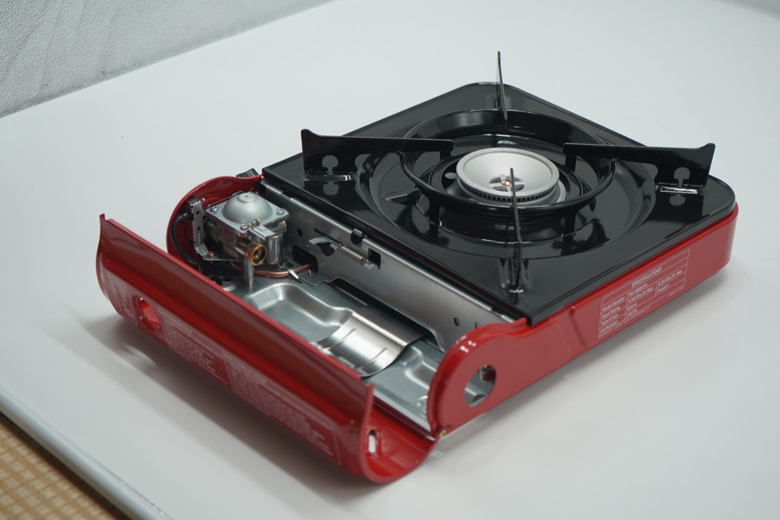 Open butane canister compartment on Maxsun MS-3800 LPG stove