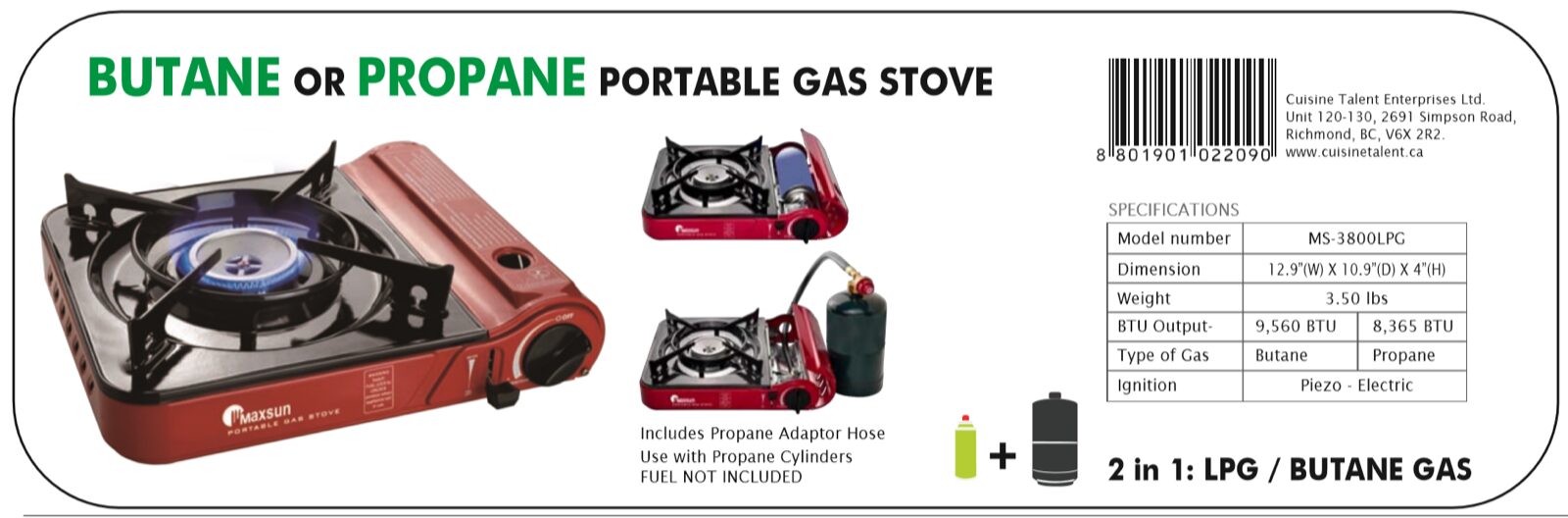 Maxsun MS-3800 LPG butane and propane specifications and included regulator hose