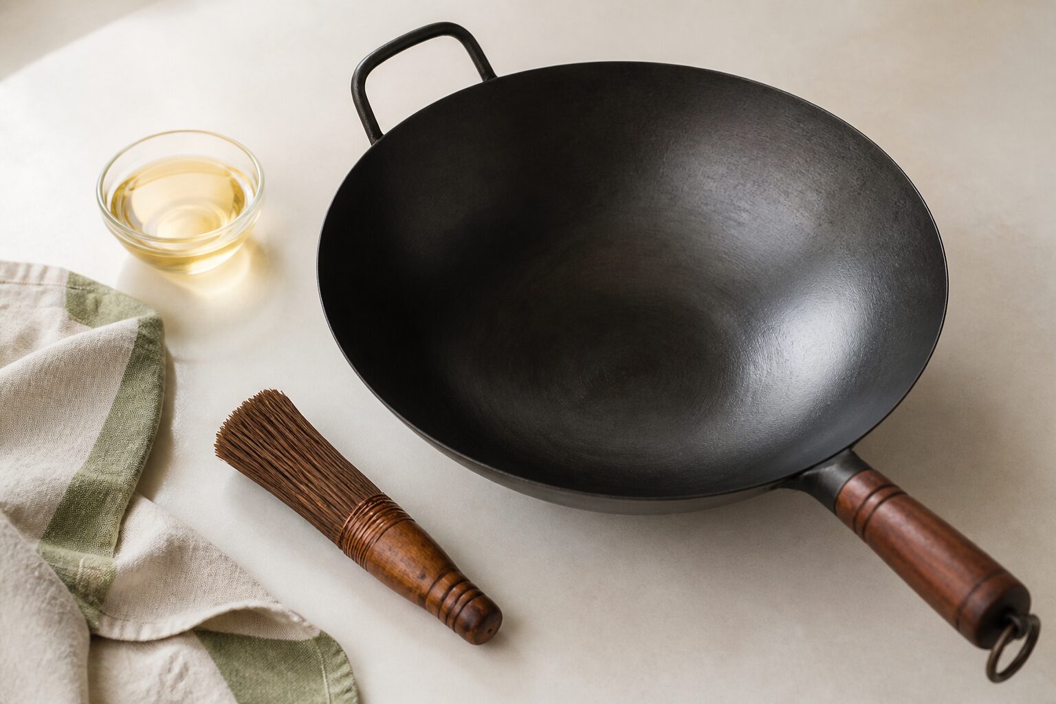 Traditional iron wok with a light coating of cooking oil and care brush
