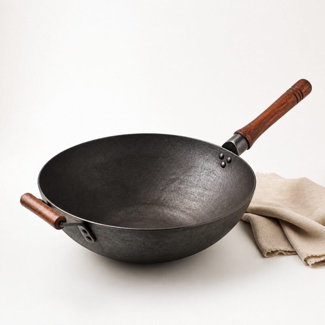 Traditional iron wok on a neutral kitchen surface