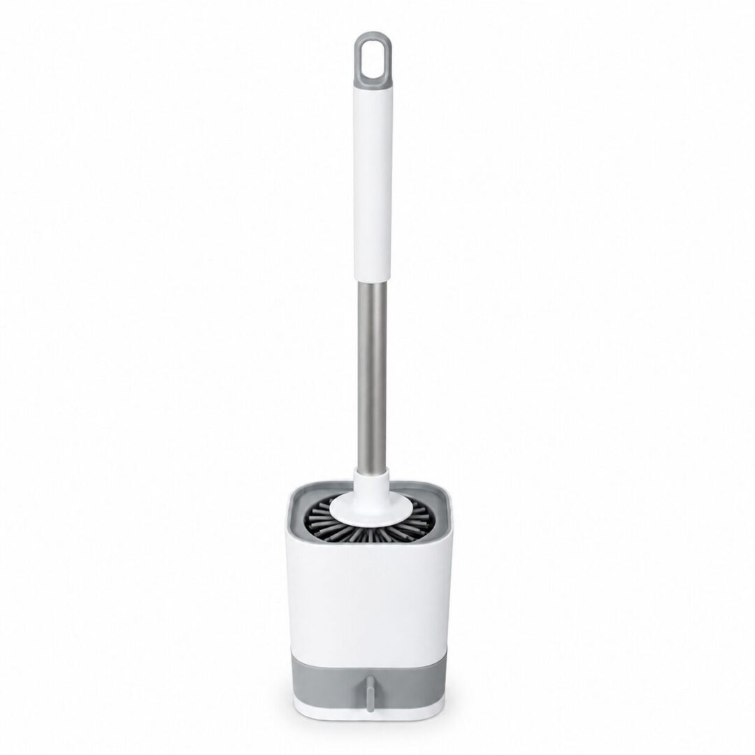 Aodi Q17 white and grey toilet brush seated in its holder on a white background