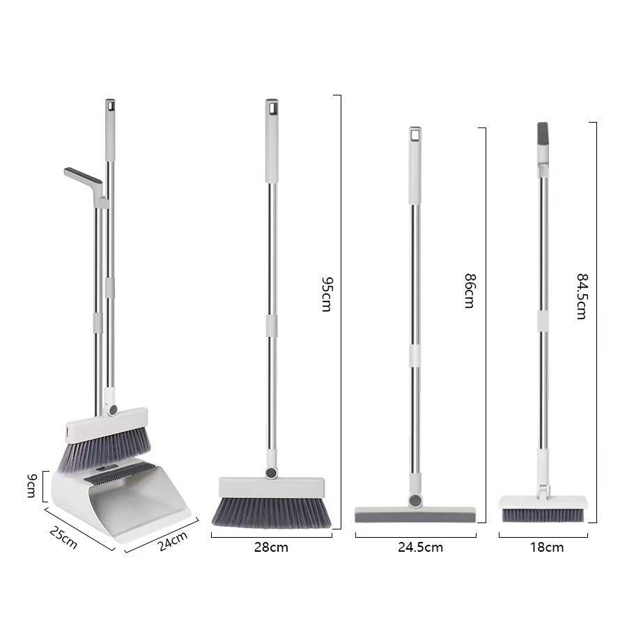 Aodi Q10 broom, dustpan, squeegee and scrub brush functions with dimensions