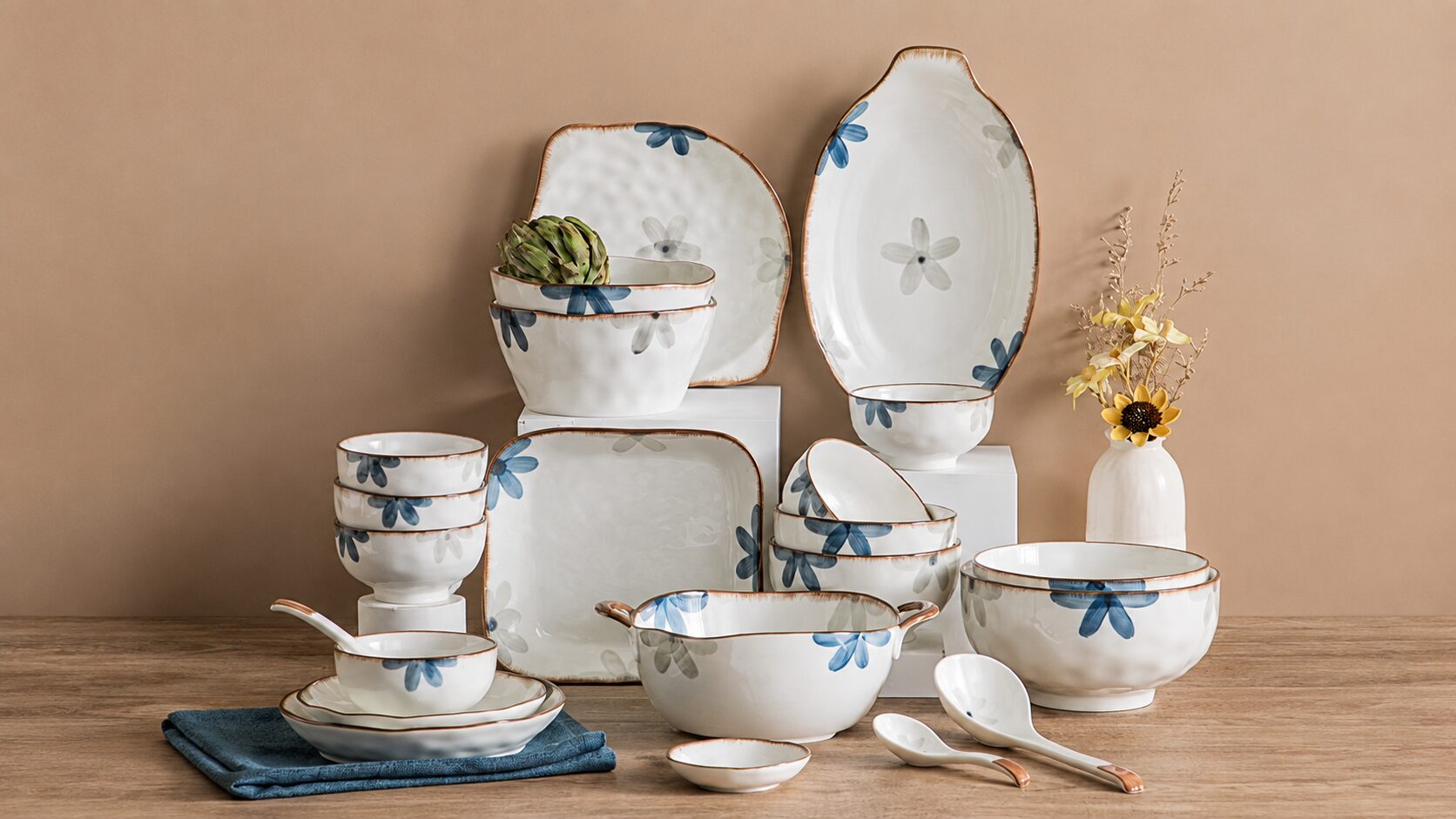 Coordinated grey white and blue floral ceramic dinnerware set