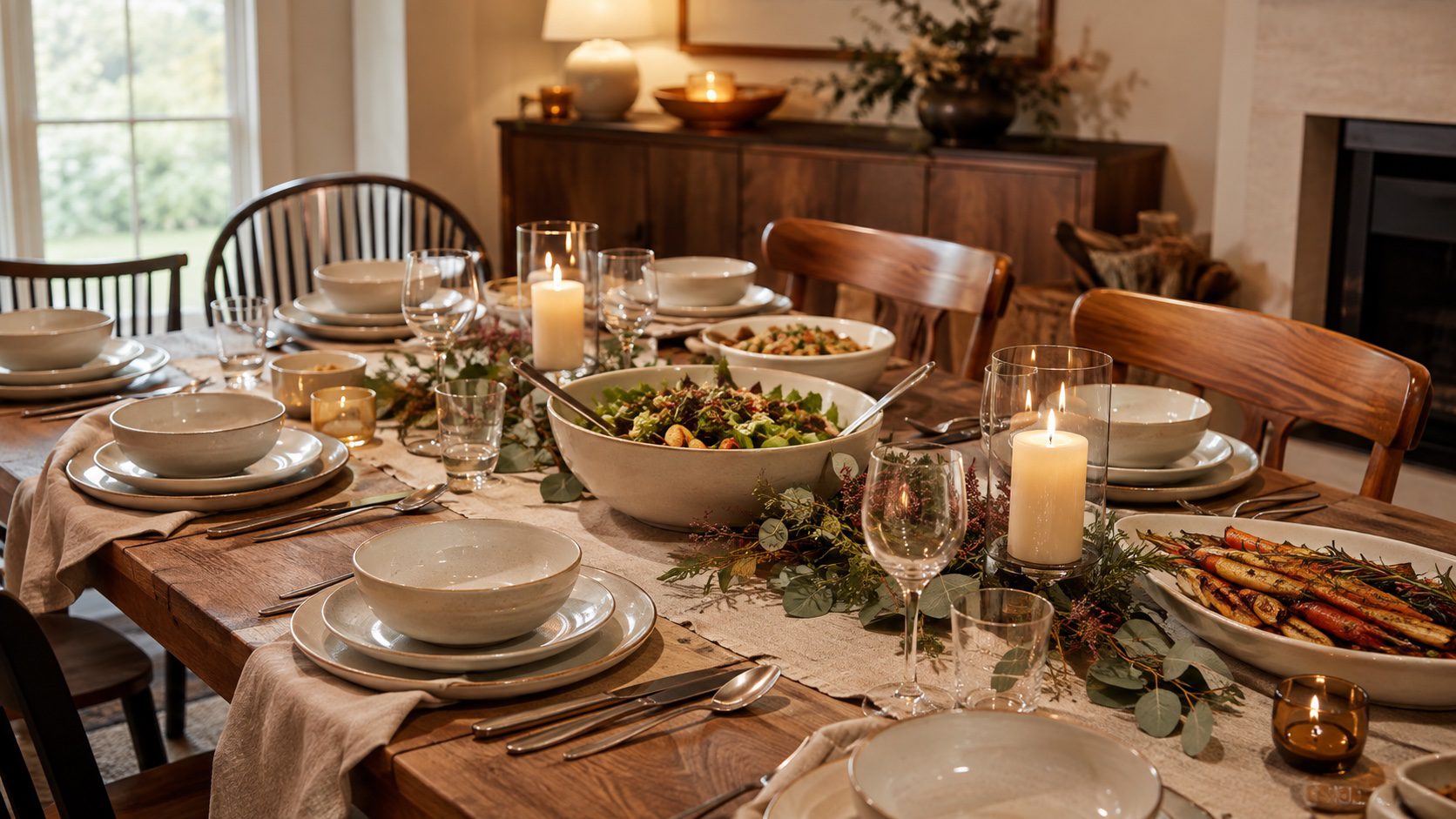 Holiday dining table set with ceramic plates, bowls and serving pieces