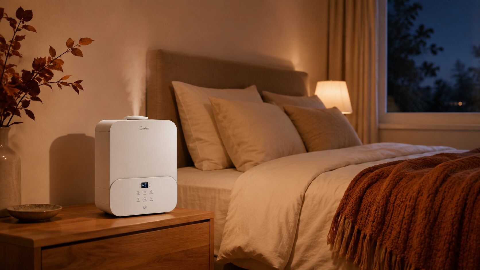 Midea humidifier in a warm autumn bedroom at night