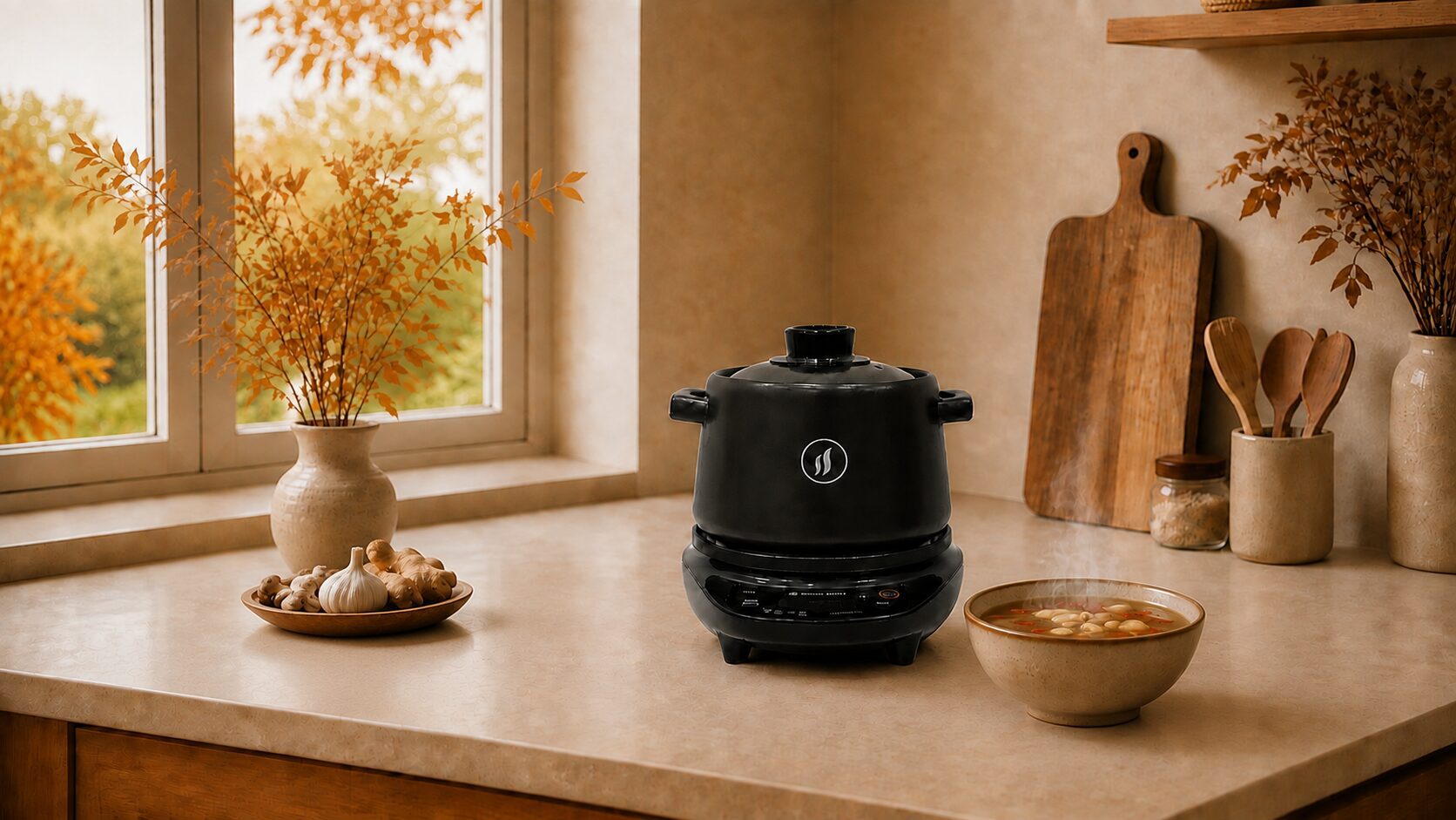 Cuisine Talent two-ear ceramic soup pot with warm herbal soup in an autumn kitchen