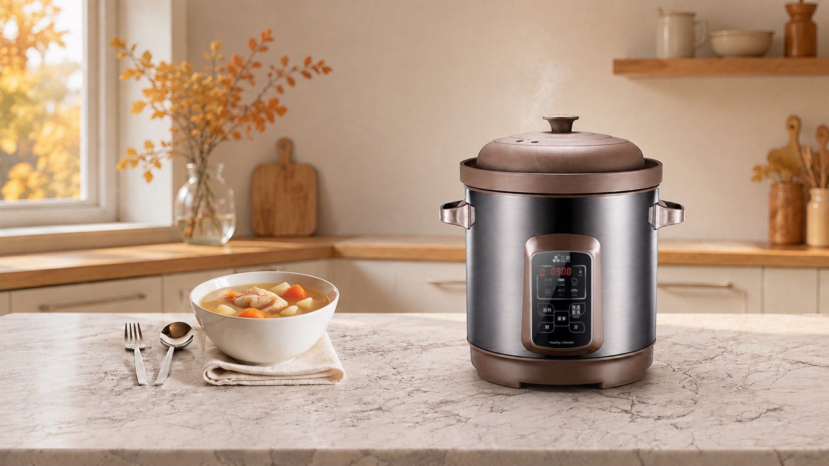 SanYuan 10L digital clay soup pot in a warm autumn kitchen