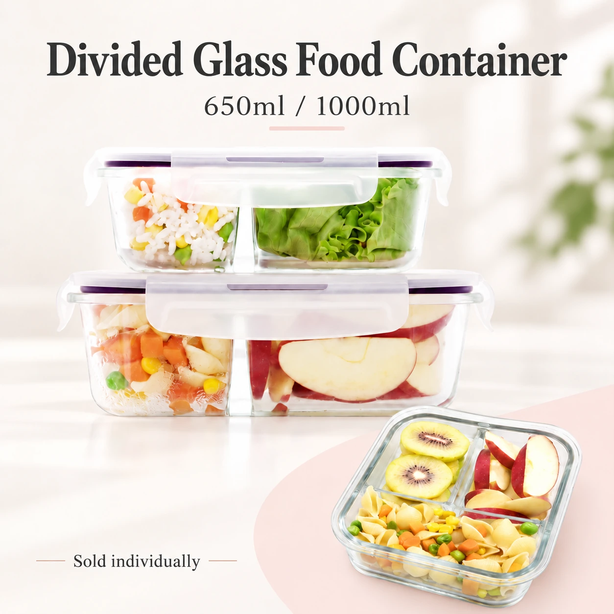 茶花 (ChaHua) Divided Glass Food Container – 650ml / 1000ml - Image 5