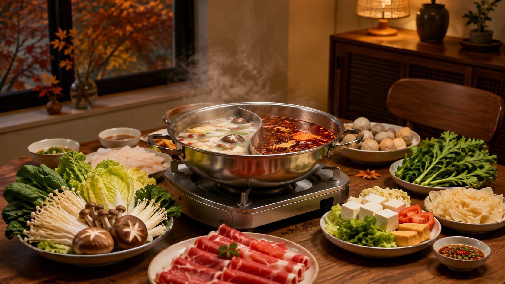 Warm indoor hot pot meal for autumn gatherings