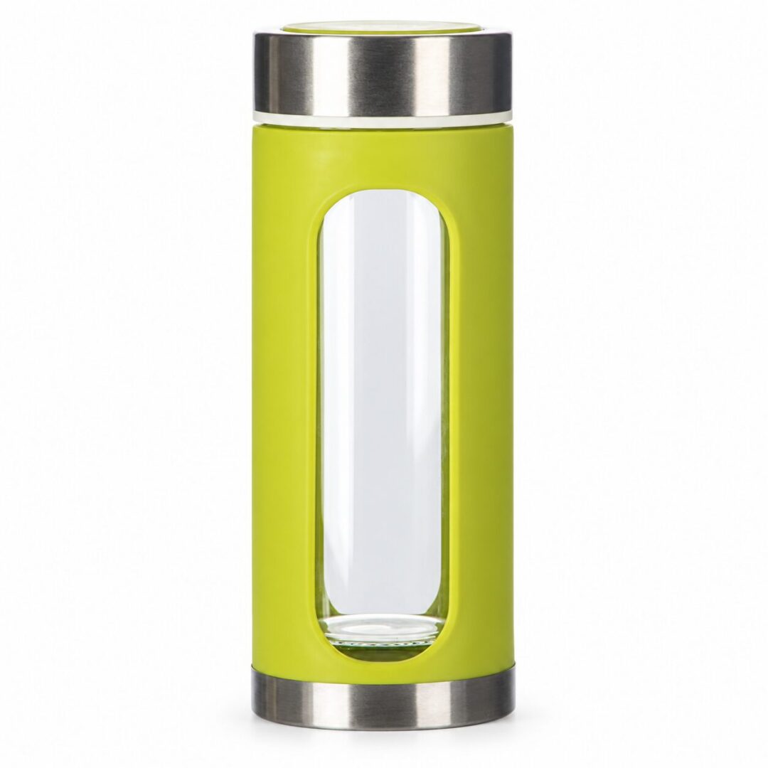 ChaHua 6211 glass water bottle - green sleeve and lid, 280 mL